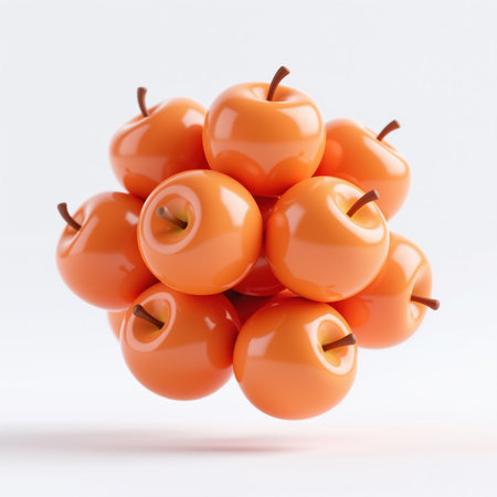 A highly realistic digital illustration of orange fruits, symbolizing abundance and nourishment, with a glossy finish and soft white background.の素材