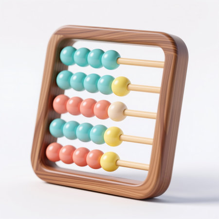 A wooden abacus with colorful beads, symbolizing math and learning, in a minimalist style on a white background, representing education.の素材