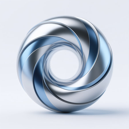 A futuristic, metallic silver sphere with a spiral design, symbolizing innovation and technology, set against a clean white background with subtle shading.の素材