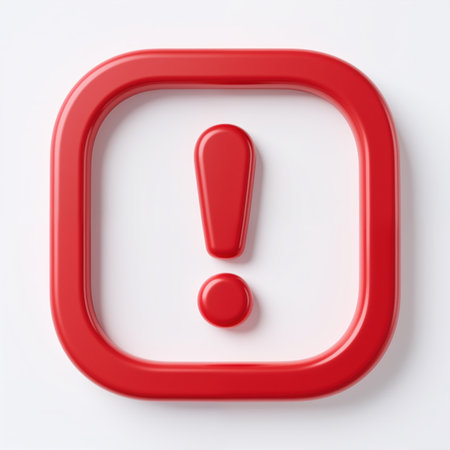 A 3d red exclamation mark within a rounded square frame on a white background, symbolizing importance or warning, with a bold and eye-catching design.の素材