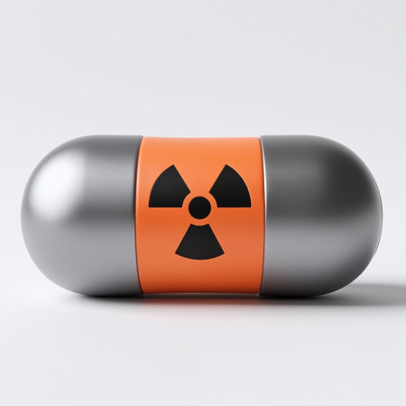 A metallic capsule with a bright orange label bearing a black radiation symbol, indicating potential danger, in a simple and clean style.の素材