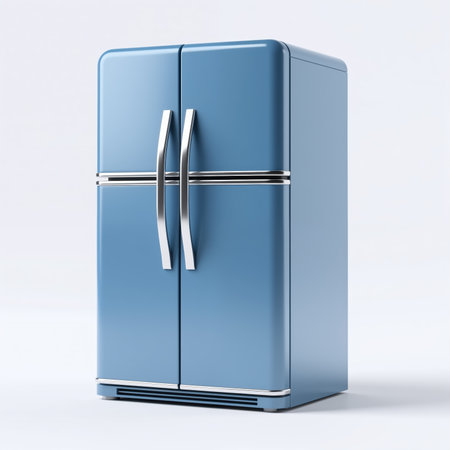 A retro-style blue refrigerator with a smooth, glossy finish, symbolizing nostalgia and classic design, set against a clean white background.の素材