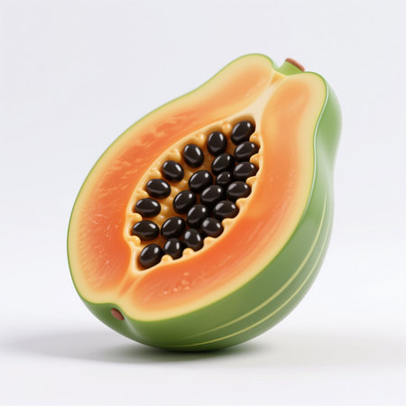 Realistic digital illustration of papaya, symbolizing fertility and abundance, with orange flesh and black seeds, against a clean white background.の素材