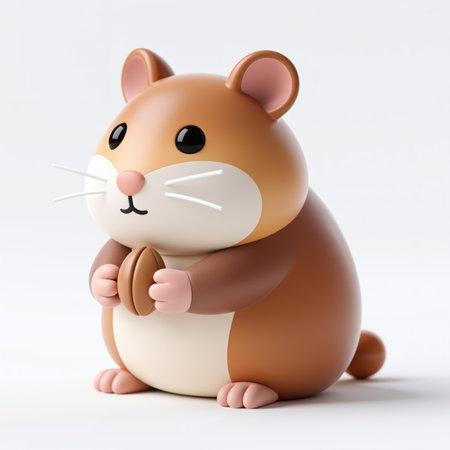 A cute hamster holding a grain against a white background, rendered in a smooth, cartoonish style with vibrant brown, white, and pink hues.の素材