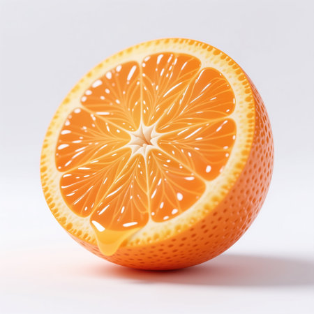 A highly detailed and realistic illustration of an orange slice, symbolizing freshness and nutrition, set against a clean white background with subtle shadowing.の素材
