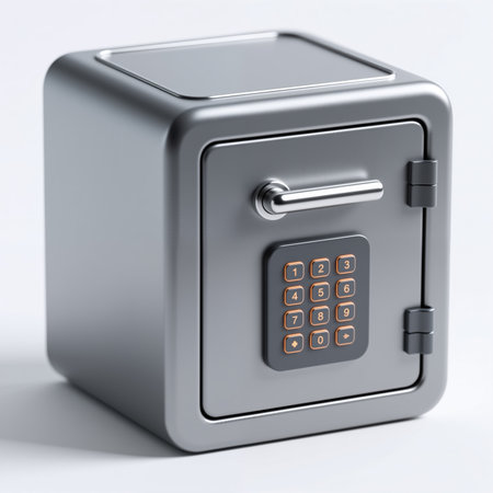 A modern, gray safe with a digital keypad and handle, symbolizing security and protection, on a white background with subtle shading.の素材