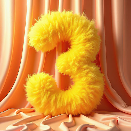 A large, bright yellow, fuzzy number 3 on a peach-colored satin background for a birthday celebration.の素材
