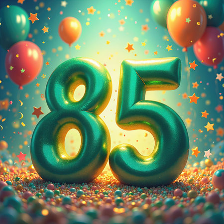 A vibrant 85th birthday celebration with large, glittery numbers, colorful balloons, and confetti in the background.の素材