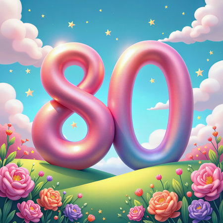 A vibrant 80th birthday scene featuring large, shiny numbers 80 surrounded by lush flowers and a starry sky.の素材