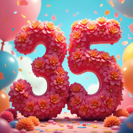 Celebrating a 35th birthday with large floral numbers, colorful balloons, and falling confetti in a vibrant sky.の素材