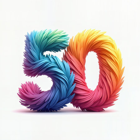 A vibrant number 50 for a birthday, featuring a dynamic, layered design with a gradient of colors against a white background.の素材
