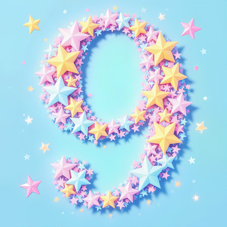 A vibrant birthday number 9 composed of multicolored stars on a light blue backdrop, celebrating a 9th birthday.の素材