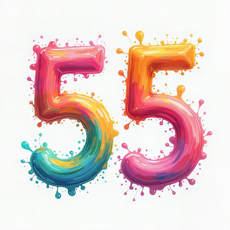 A vibrant, multicolored number 55 with paint splatters, perfect for a 55th birthday celebration. The background is white with colorful paint splashes.の素材