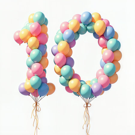 Balloon number 10 for a birthday celebration, with vibrant pastel colors and a white background.の素材