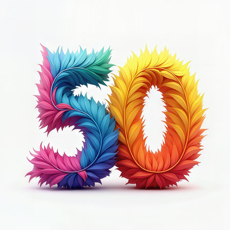 A vibrant 50th birthday design featuring the number 50 crafted from multicolored, layered petals against a white background.の素材