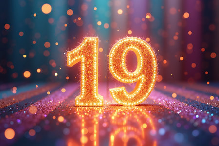 Glittering golden 19 with lights on a bokeh background, shiny floor reflecting the number, celebratory atmosphere.の素材
