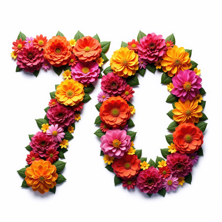 The number 70 is beautifully crafted with colorful flowers on a white background, perfect for a birthday card.の素材