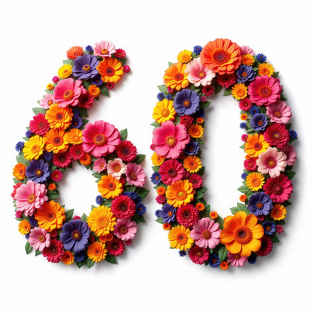 The number 60 is beautifully crafted from an assortment of colorful flowers and lush green leaves, set against a crisp white background, perfect for a birthday card illustration.の素材