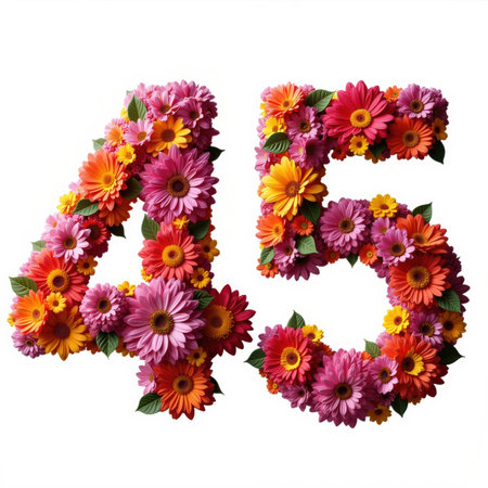 The number 45 is made up of vibrant flowers in shades of pink, orange, and yellow, creating a beautiful illustration for a birthday card on a white background.の素材