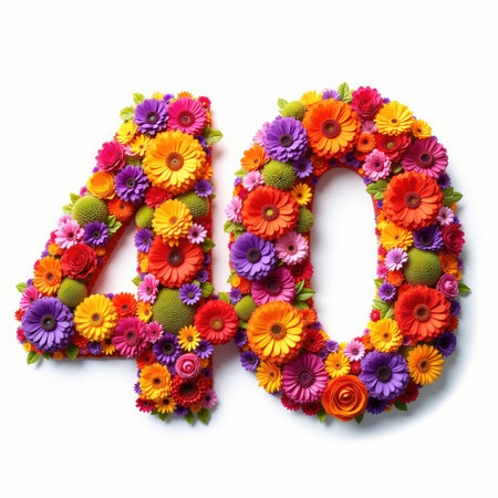 The number 40 is made up of vibrant flowers in shades of orange, pink, purple, and yellow, on a white background, perfect for a birthday card illustration.の素材