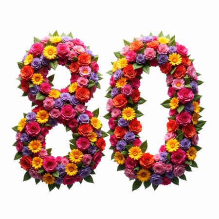 The number 80 is beautifully crafted from a mix of colorful roses and daisies, with lush green leaves, set against a crisp white background, perfect for an 80th birthday card illustration.の素材