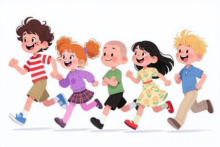Five smiling children in casual clothes run side by side on a white background, conveying joy and friendship.の素材