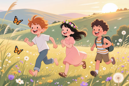 Cartoon children running in a sunny field with flowers, butterflies, and a warm background, conveying joy and freedom.の素材