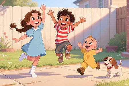 Children playfully jumping on sidewalk with joyful dog, sunny backyard with fence.の素材