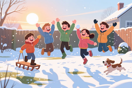 Cartoon illustration of children in winter clothing jumping in the snow with a happy dog running alongside, set against a backdrop of a snow-covered yard with a wooden fence, houses, and a sunset.の素材