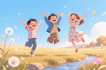 Three kids jump high in a sunny field, arms raised, smiling.の素材