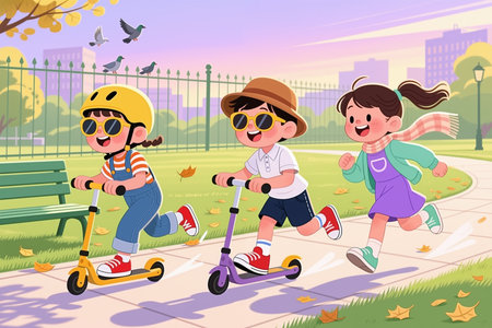 Three happy children ride scooters on sidewalk, laughing and playing together.の素材