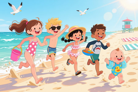 Cartoon kids in swimsuits running on a sunny beach with seagulls flying overhead and a lifeguard tower in the background, conveying joy and carefree summer fun.の素材