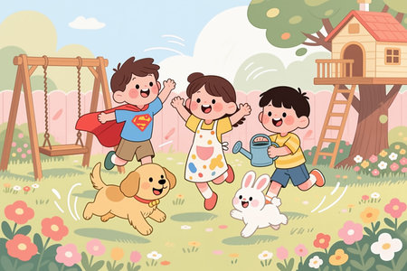 In a colorful backyard, three children play with a dog and rabbit, surrounded by flowers and a treehouse, exuding joy and carefree childhood.の素材