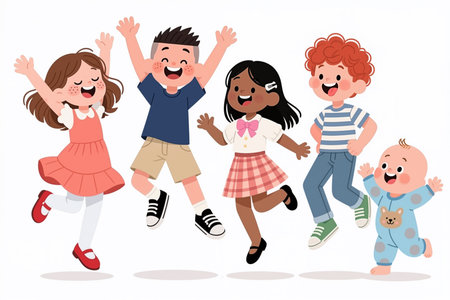 Five cartoon children jumping with joy on a plain white background, smiling and waving.の素材