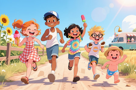 Cartoon children joyfully running on a dirt road, enjoying ice cream treats on a sunny day with a blue sky, sunflowers, and an ice cream truck in the background.の素材