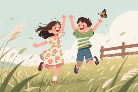 Two children jump in a sunny field, arms raised, surrounded by tall grass and a butterfly. A wooden fence and blue sky with clouds are in the background.の素材