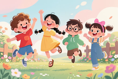 Four joyful kids run through a vibrant garden with flowers and a fence, under a sunny sky with fluffy clouds, exuding carefree childhood delight.の素材