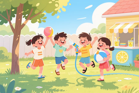 Four children play together in a sunny backyard with a tree, fence, and lemonade stand. They run and laugh, enjoying a water hose, balloon, and beach ball.の素材