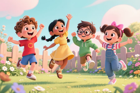 Cartoon illustration of four joyful kids jumping in a sunny garden with flowers and a fence, wearing colorful clothes.の素材
