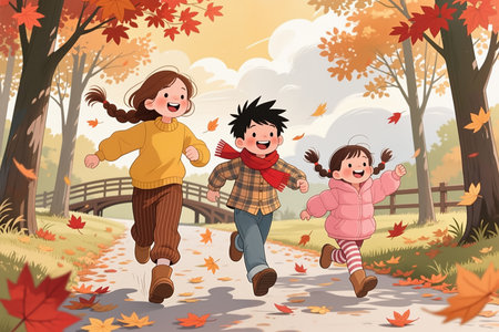 Cartoon illustration of three happy children running on a path in an autumnal setting, surrounded by trees with orange and red leaves, and a bridge in the background.の素材