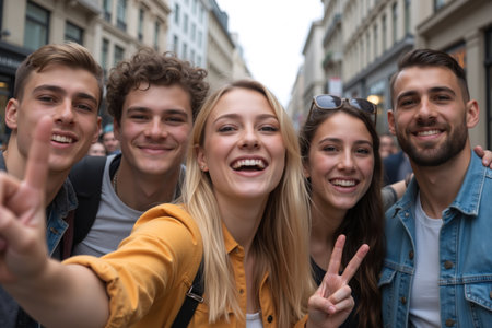 A joyful group of friends smiling and taking a selfie together on a bustling city street.の素材