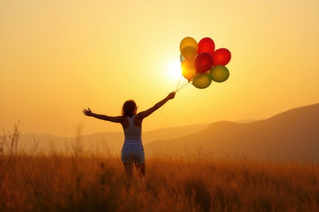 A joyful woman holding colorful balloons in a field during a golden sunset.の素材