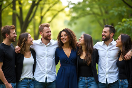 A joyful group of friends enjoying a sunny day outdoors, surrounded by lush greenery.の素材