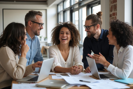 A group of colleagues sharing a joyful moment in an office setting, surrounded by laptops and papers.の素材
