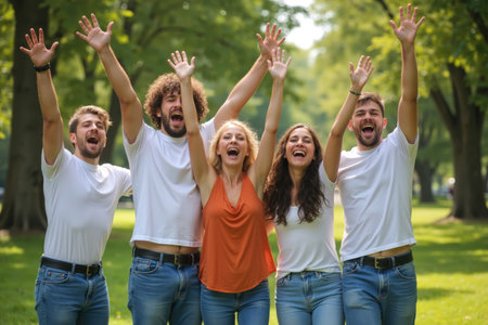 Five friends enjoying a sunny day in the park, laughing with their hands raised in celebration.の素材