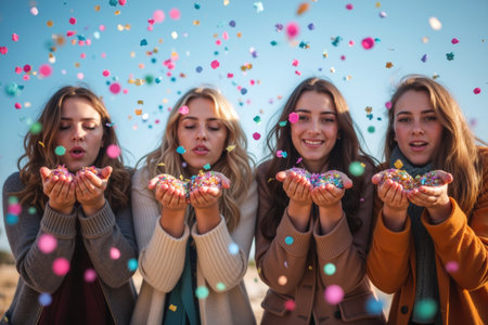 Four joyful friends blowing colorful confetti in a vibrant celebration.の素材