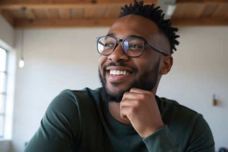 A man with glasses and a beard smiles warmly, resting his chin on his hand.の素材