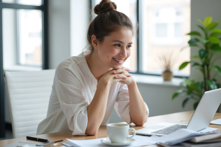 A woman in a white blouse sits at her desk, smiling, with a laptop and coffee cup nearby.の素材