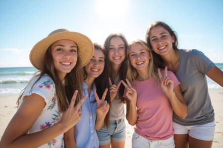 Five joyful friends enjoying a sunny day at the beach, making peace signs and smiling brightly with the ocean in the background.の素材