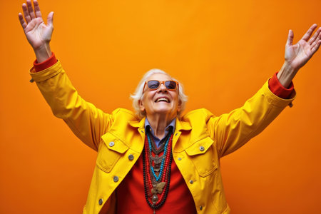 An elderly woman joyfully raises her arms, wearing a bright yellow jacket and sunglasses against an orange backdrop.の素材